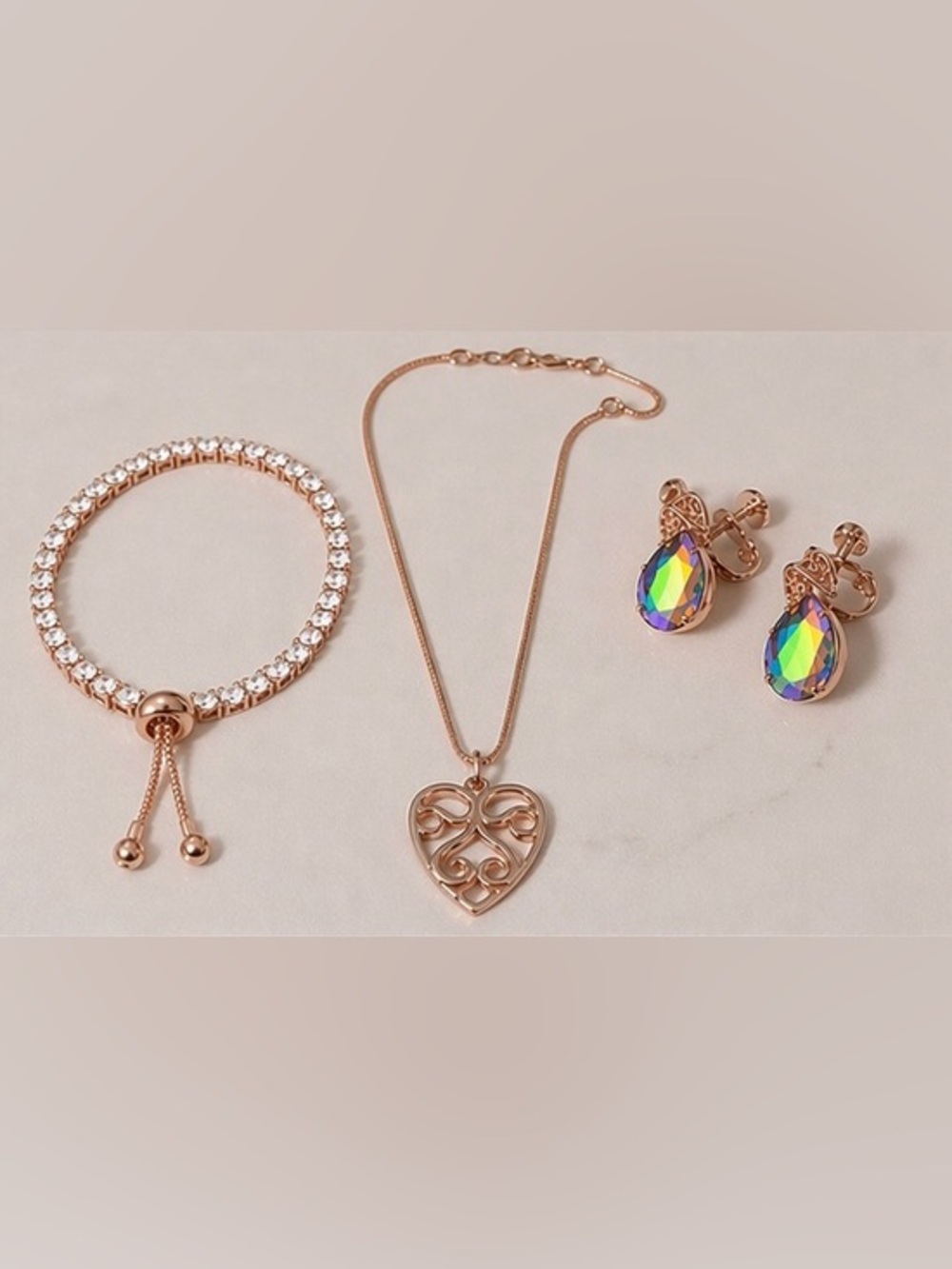 💫Rose Gold Jewelry Set | Heart Pendant, CZ Tennis Bracelet & Iridescent Earrings